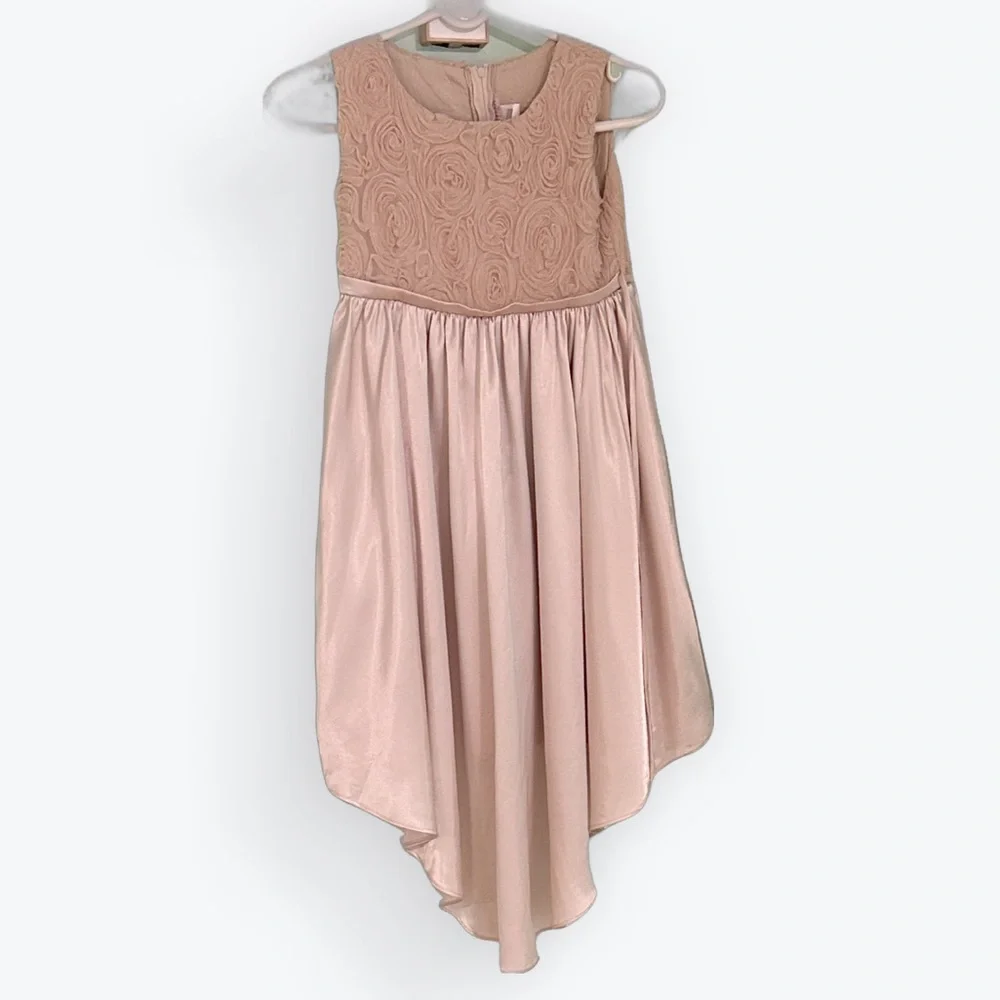 Kid’s Dream Occasion/Flower Girl Champagne Satin Rosette Bodice Dress ~ Kid 9-10